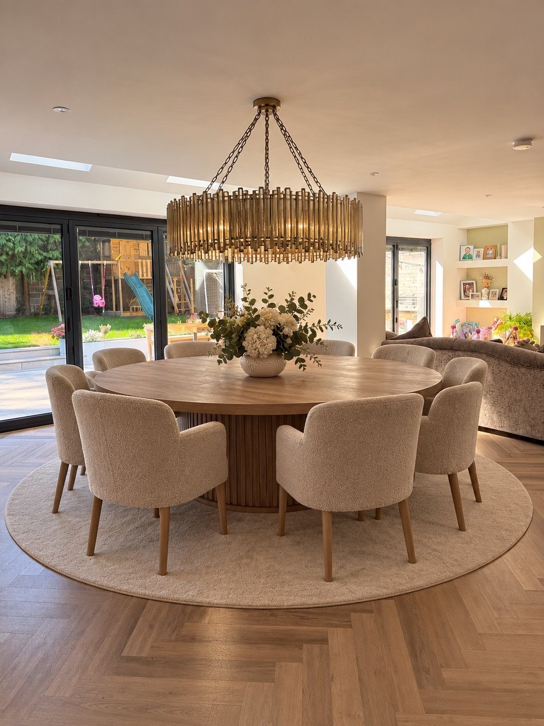 Round wooden dining table with beige chairs and a gold chandelier in open-plan room.