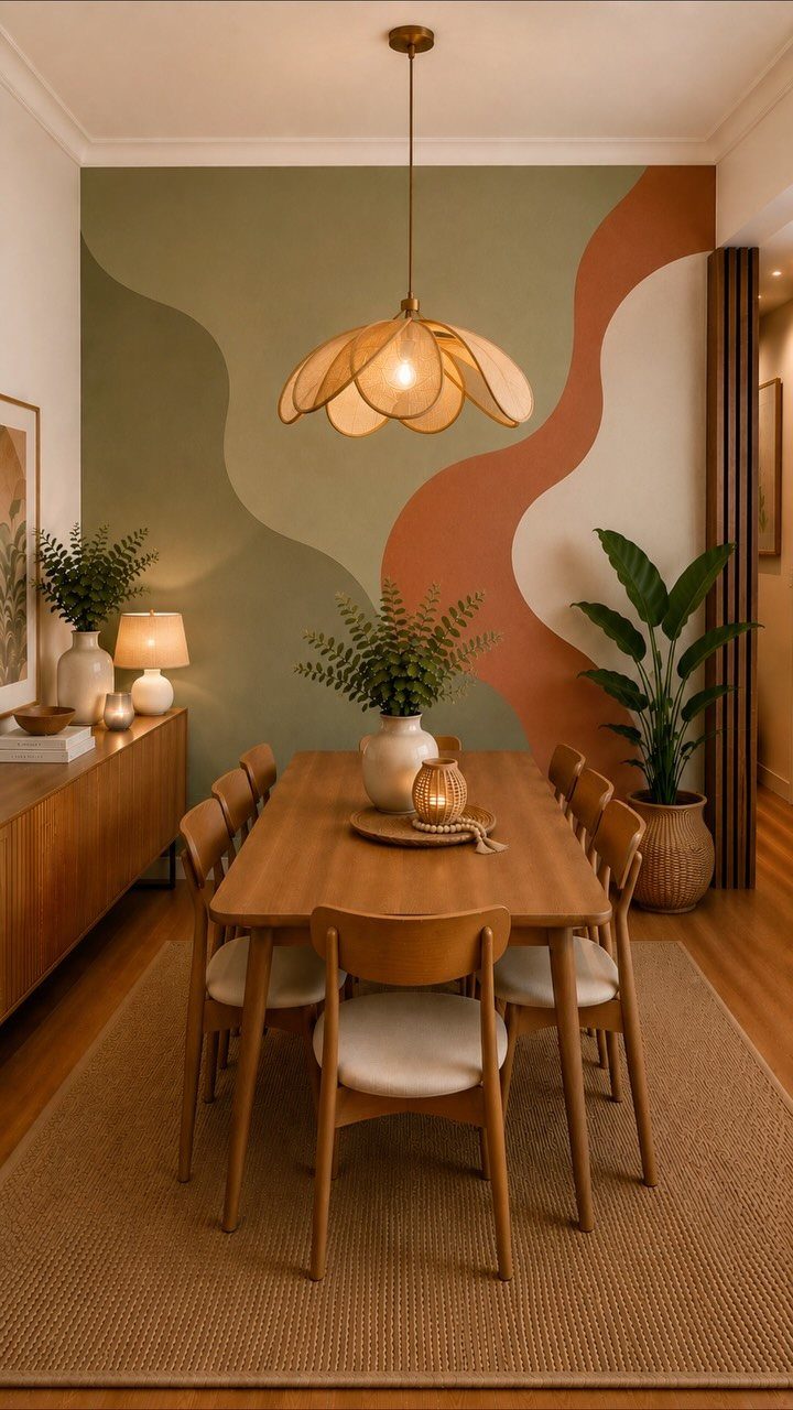 Dining room with a cohesive color palette of sage green, terracotta, and wood.