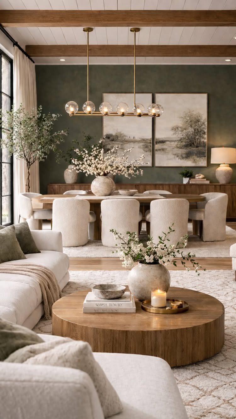 Wooden buffet against a green wall in a modern, neutral-toned open concept room.