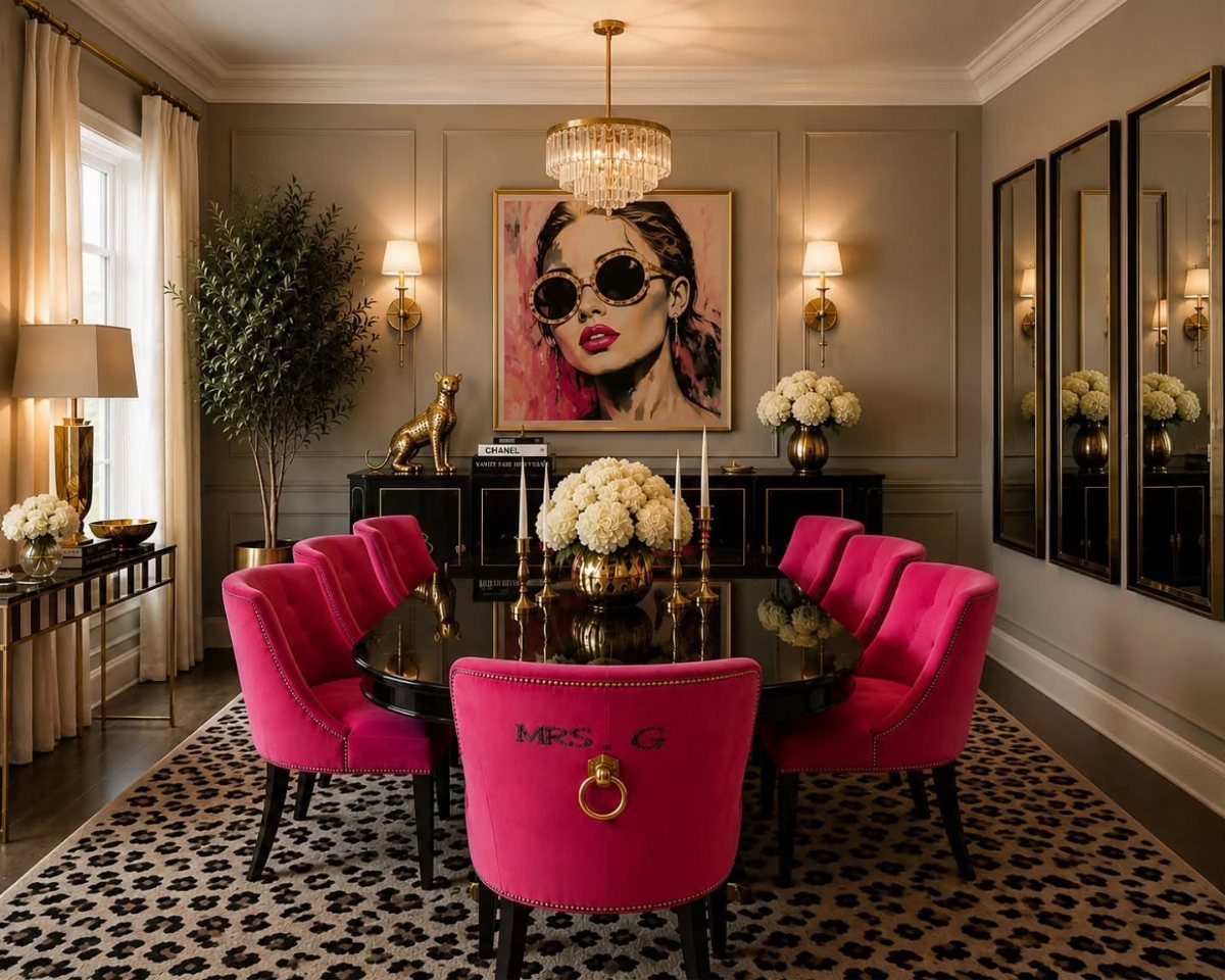 Large colorful portrait of a woman hanging above a black dining room buffet.