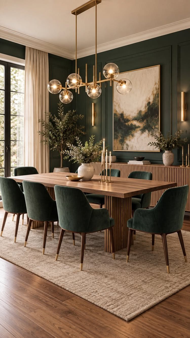 Wooden dining table and teal chairs in a room with green walls.