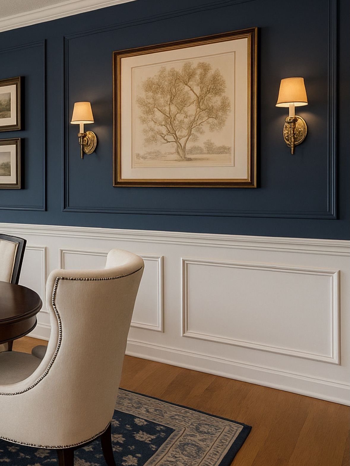 Navy blue paneled upper wall with white wainscoting and framed art in dining room