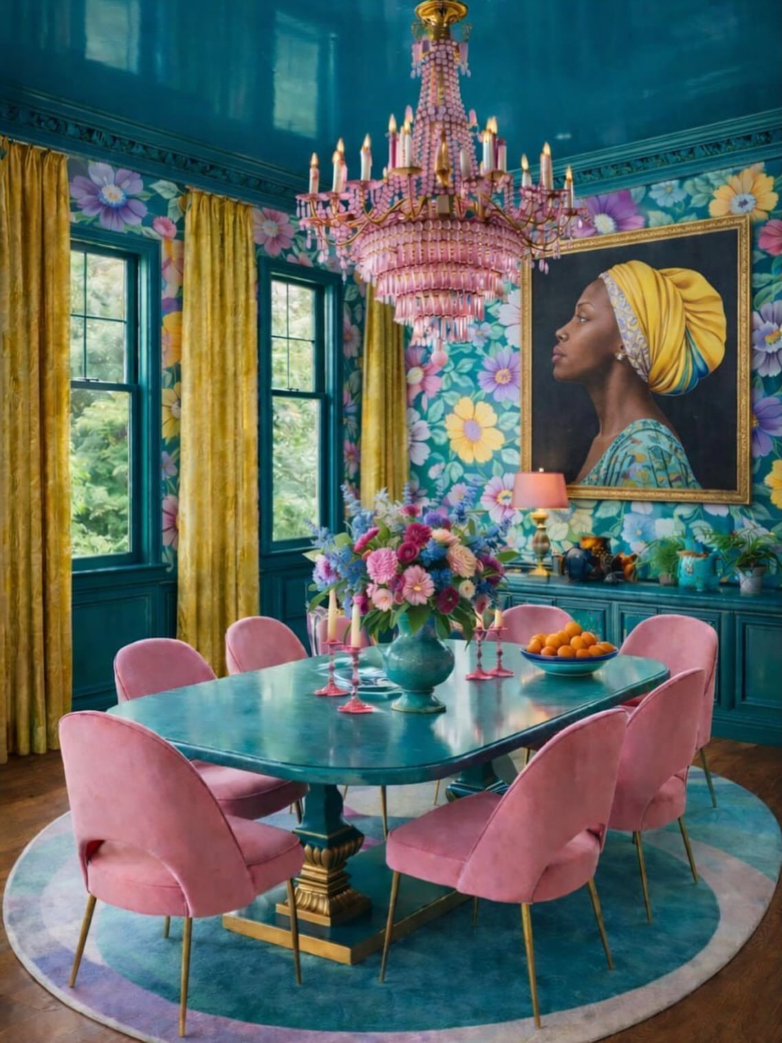 Maximalist dining room with teal walls, pink velvet chairs, and a pink chandelier.