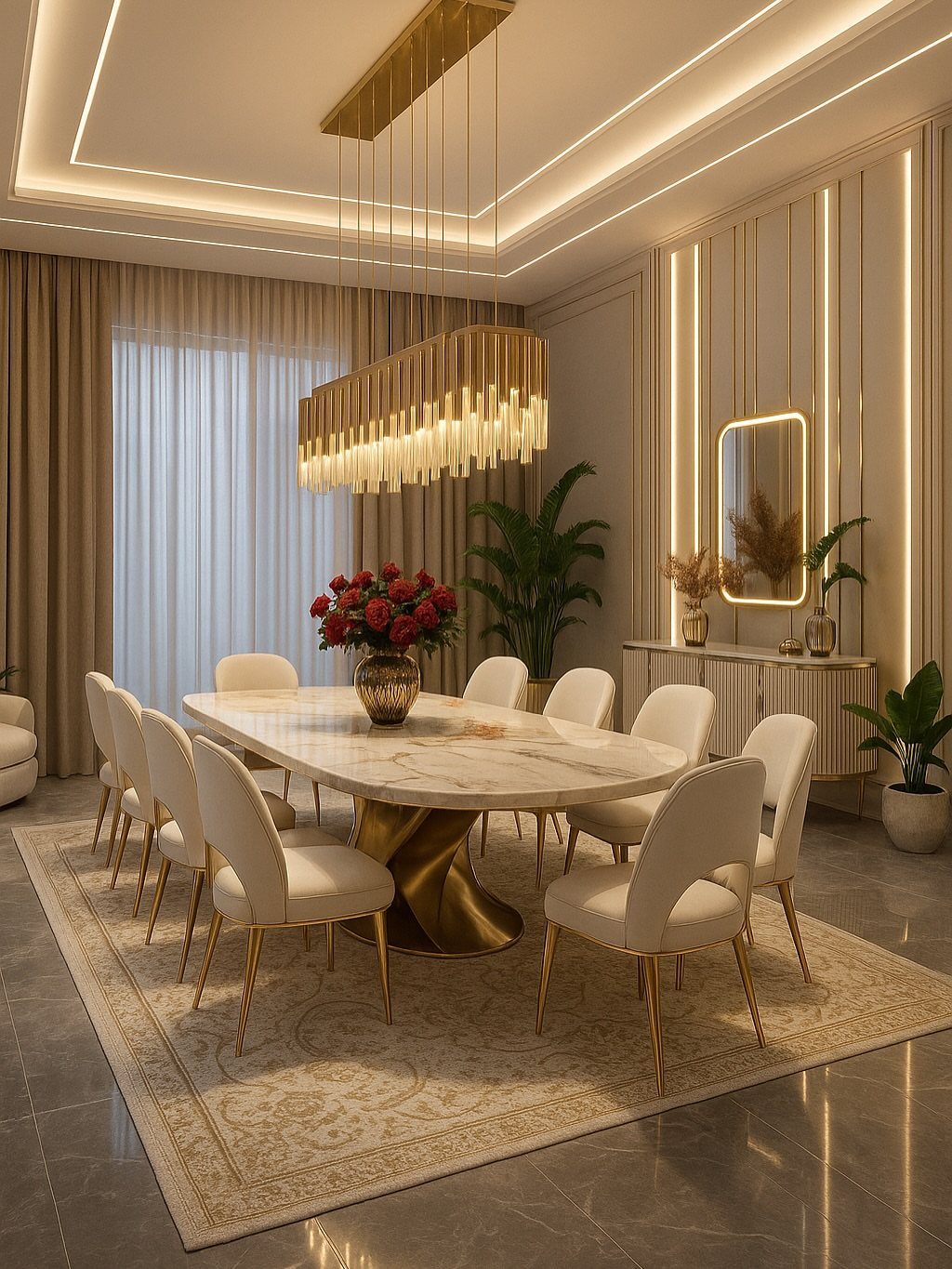 Luxury dining room with white marble table, gold accents, and neutral beige walls.
