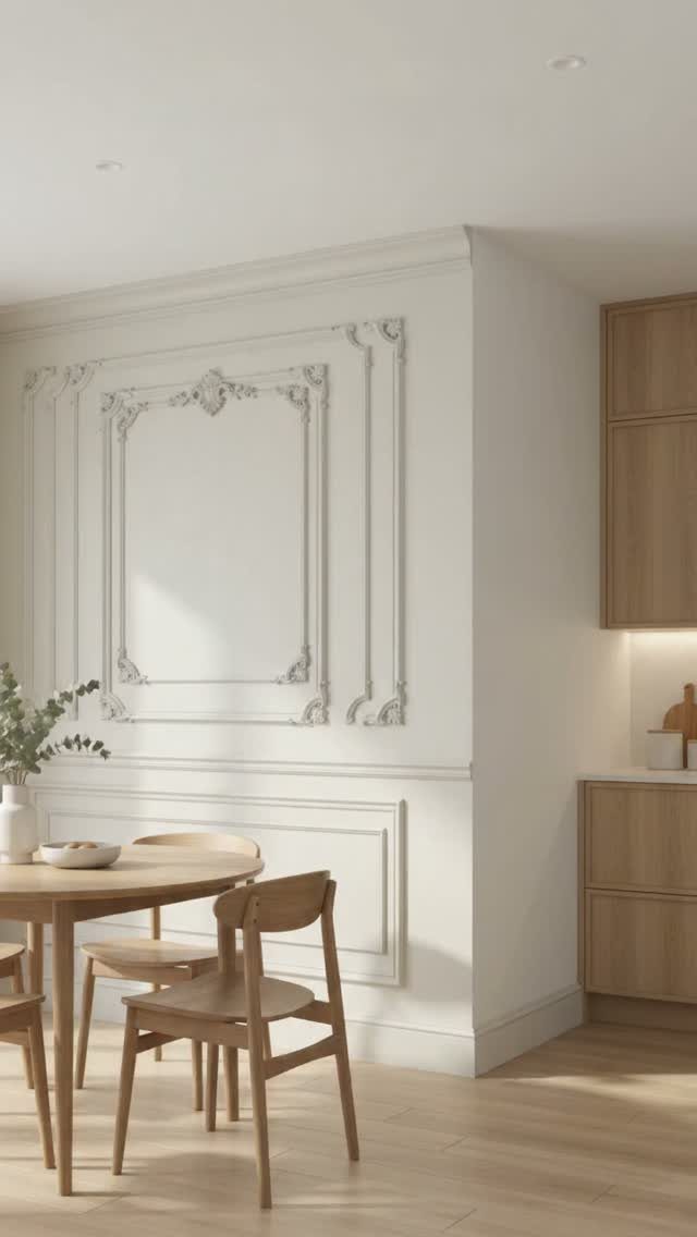 Dining area with off-white walls, ornate molding, and light wood furniture.