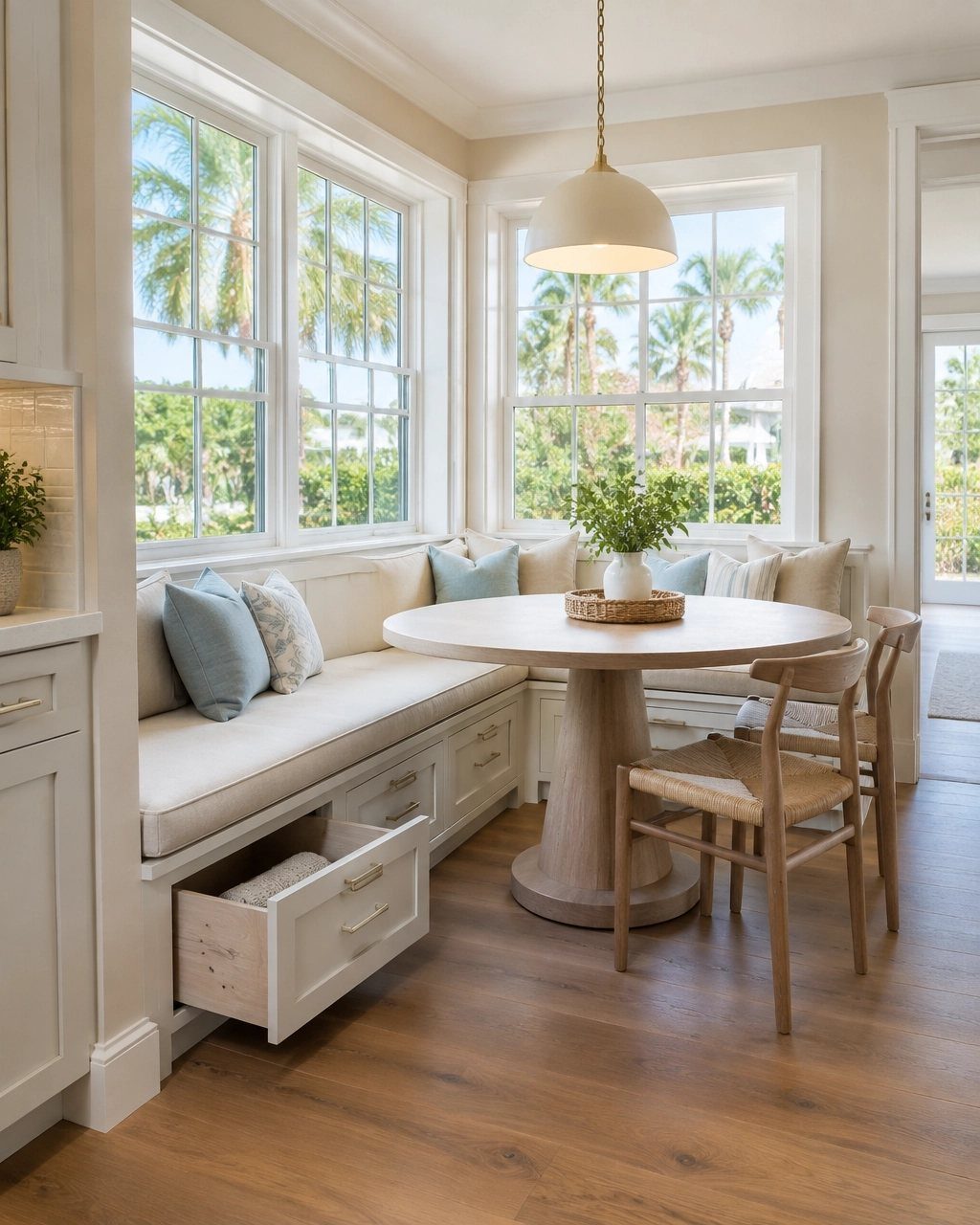 Built-in dining bench with open storage drawers, round pedestal table, and light pillows.