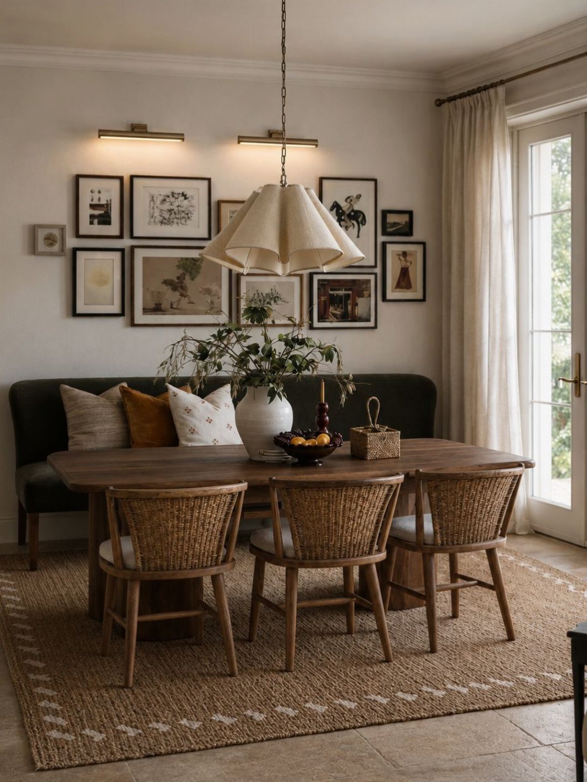 Dining nook with a green banquette, decorative pillows, wooden table, and gallery wall.