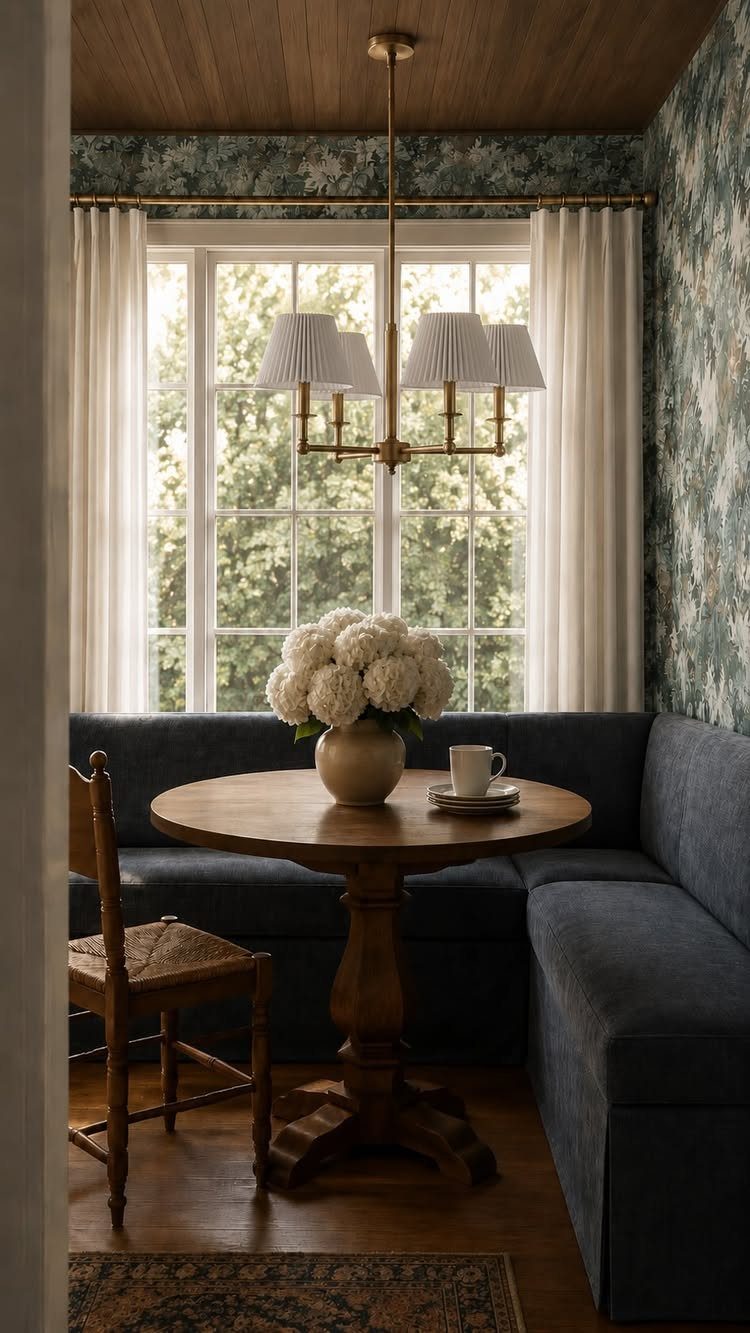 Gold pendant light with white shades hanging over a dining nook table.