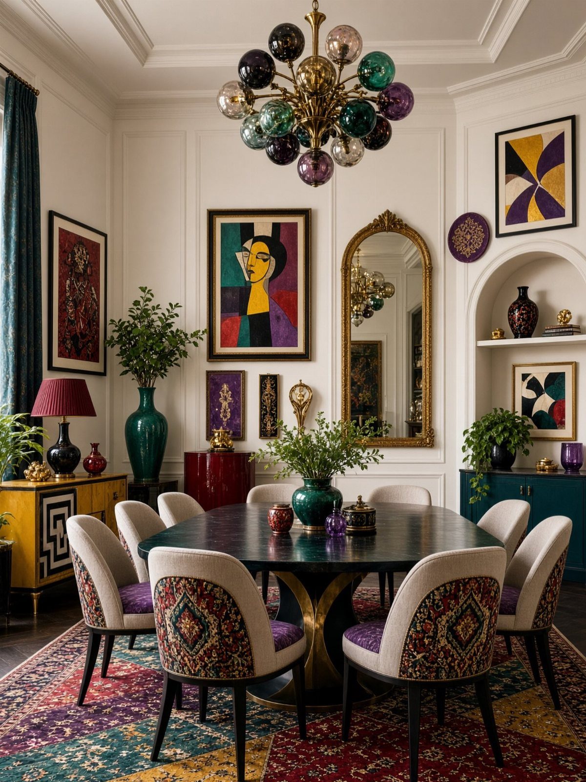 Modern dining room with colorful art, a globe chandelier, and patterned chairs.