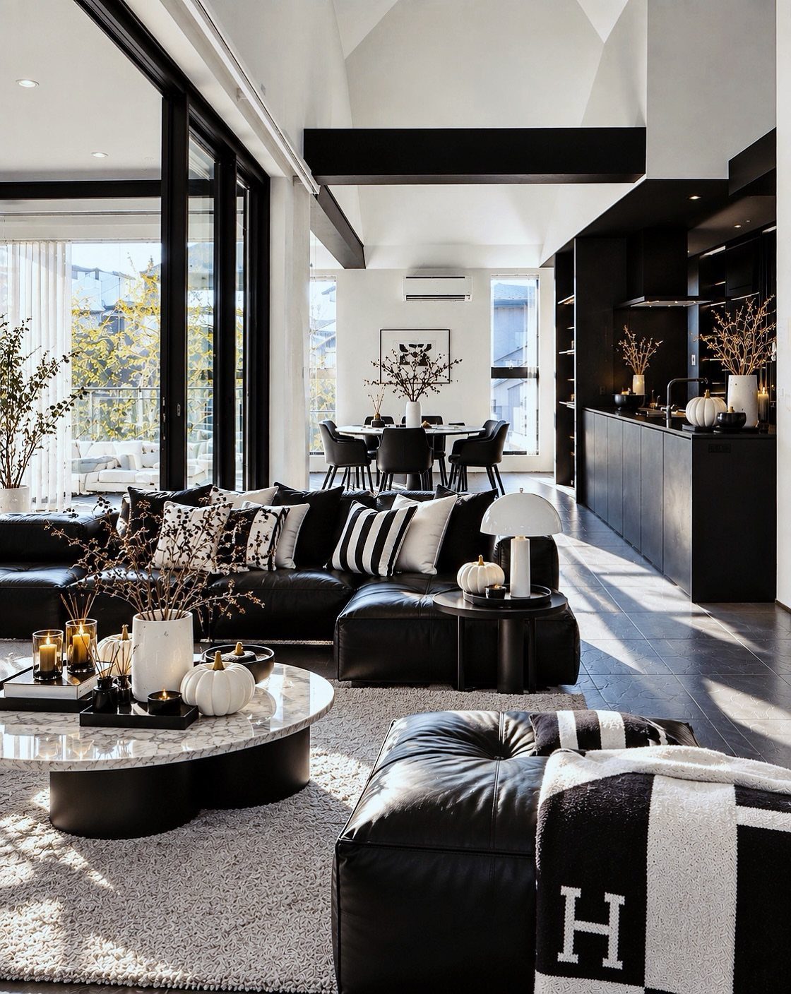 Modern open-concept room with black and white furniture and a monochrome color palette.