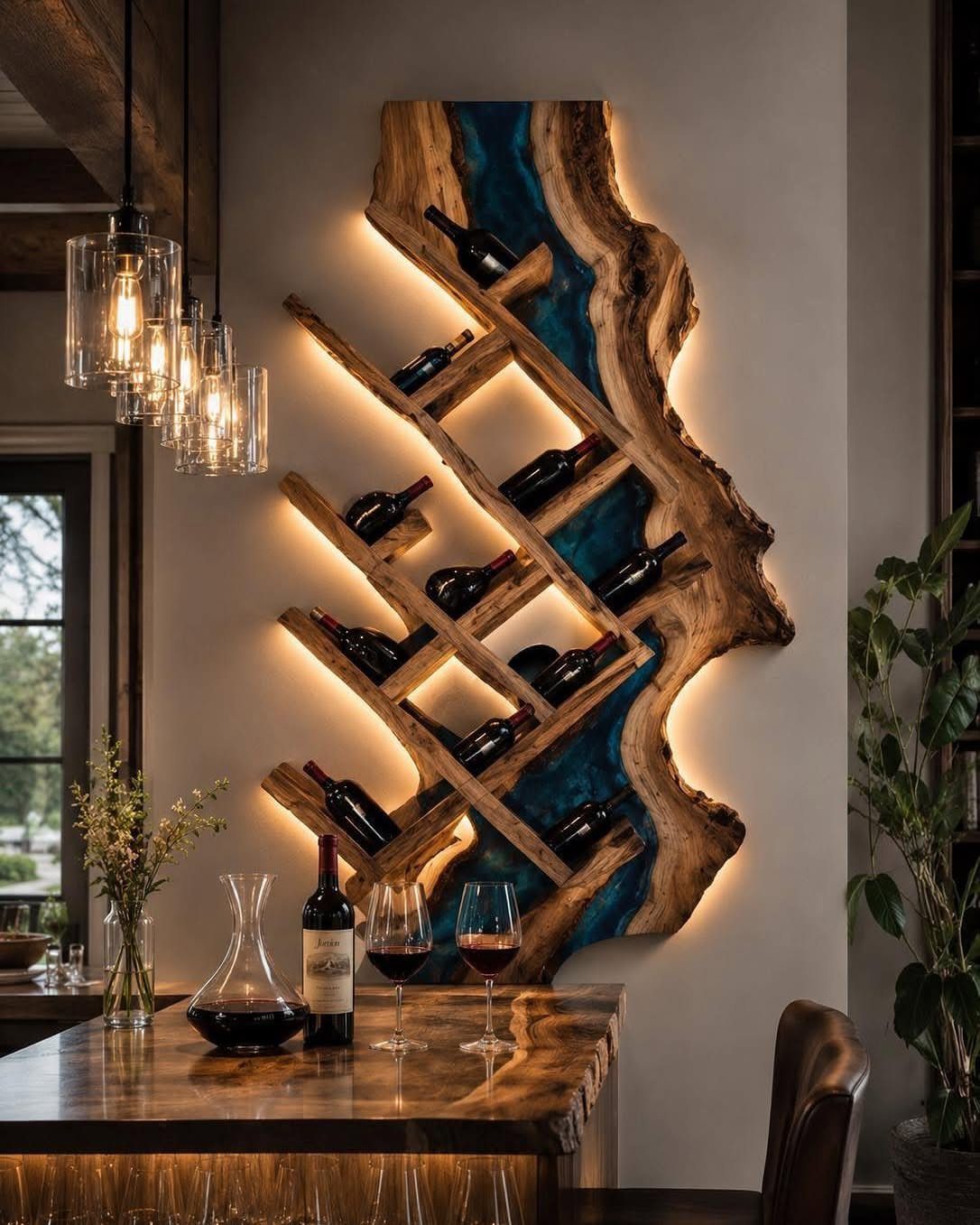 Backlit live-edge wood and blue resin wine rack mounted on a dining room wall.