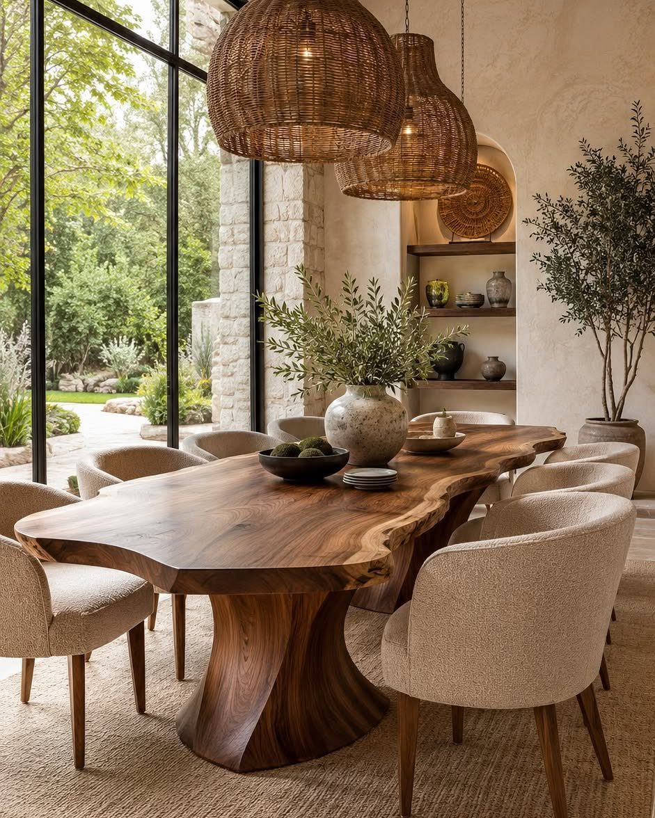Live-edge wooden dining table with sculptural base and beige upholstered chairs in bright room