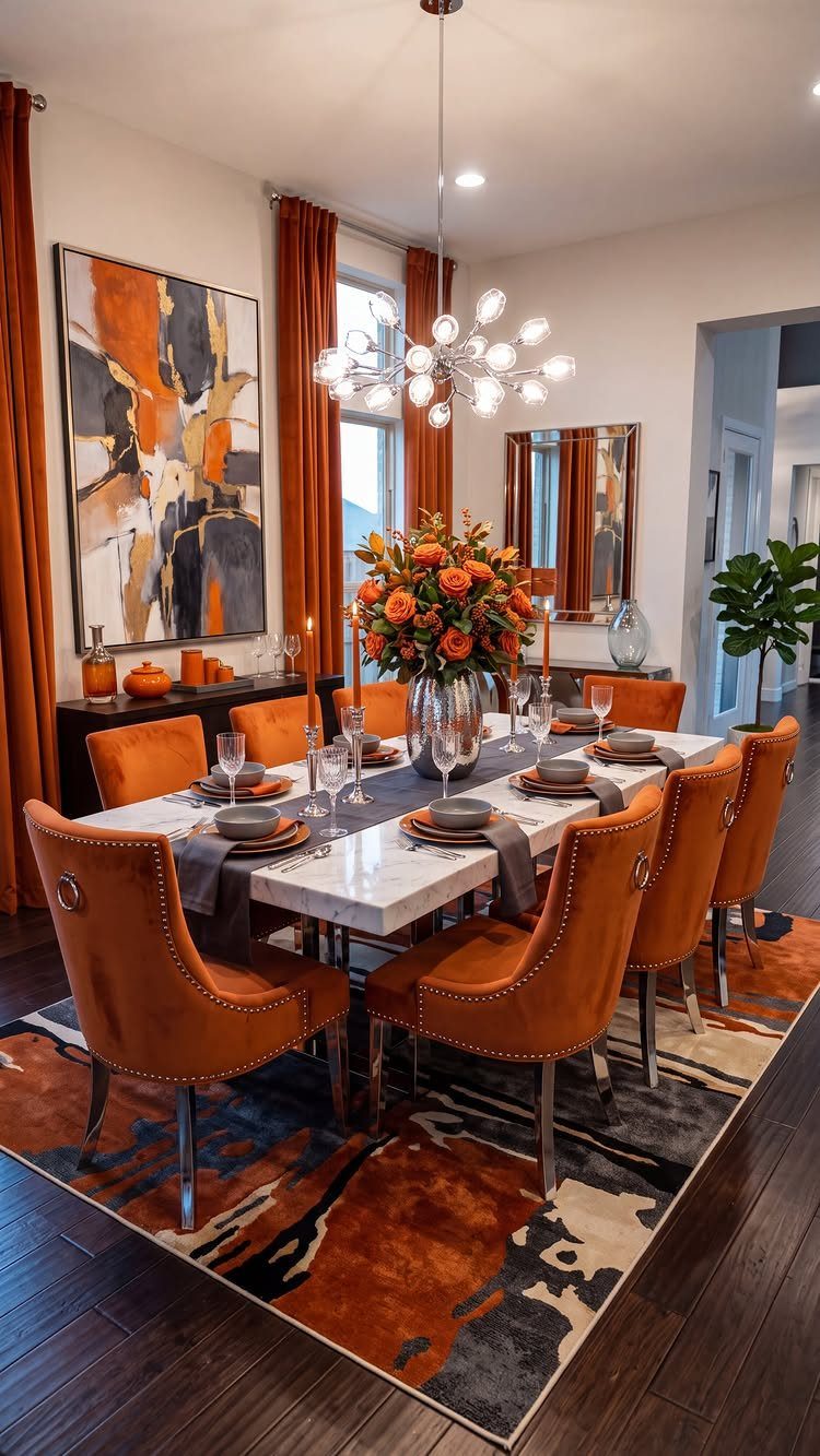 Modern dining room with marble table, orange upholstered chairs, and abstract wall art.