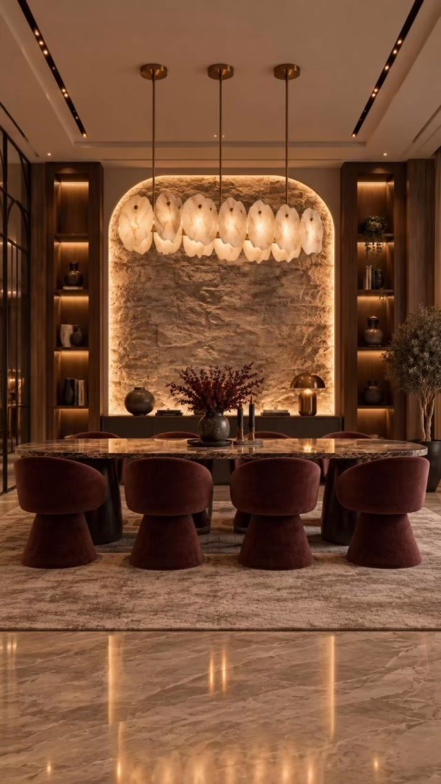 Luxury dining room with burgundy velvet chairs, marble table, and ornate light fixture.