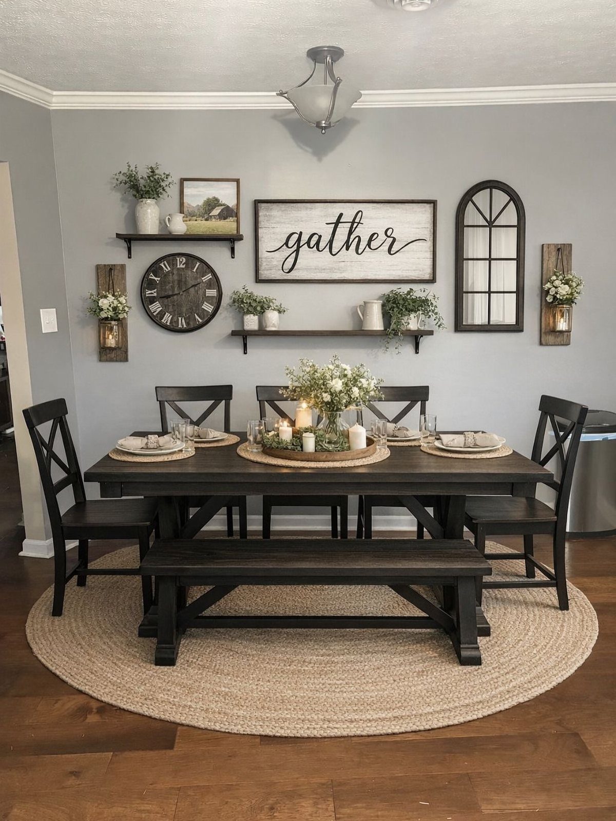 Dark wood dining set on a round jute rug against a grey wall