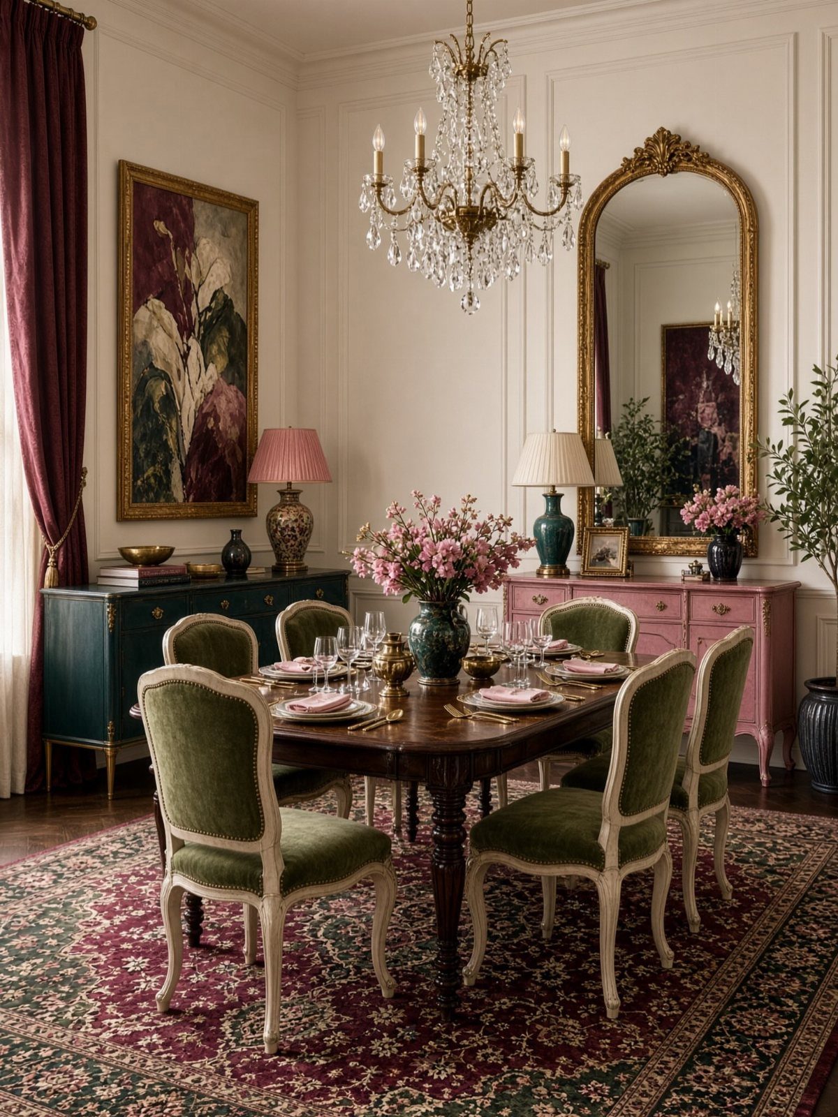 Elegant dining room with green upholstered chairs, crystal chandelier, and burgundy curtains.