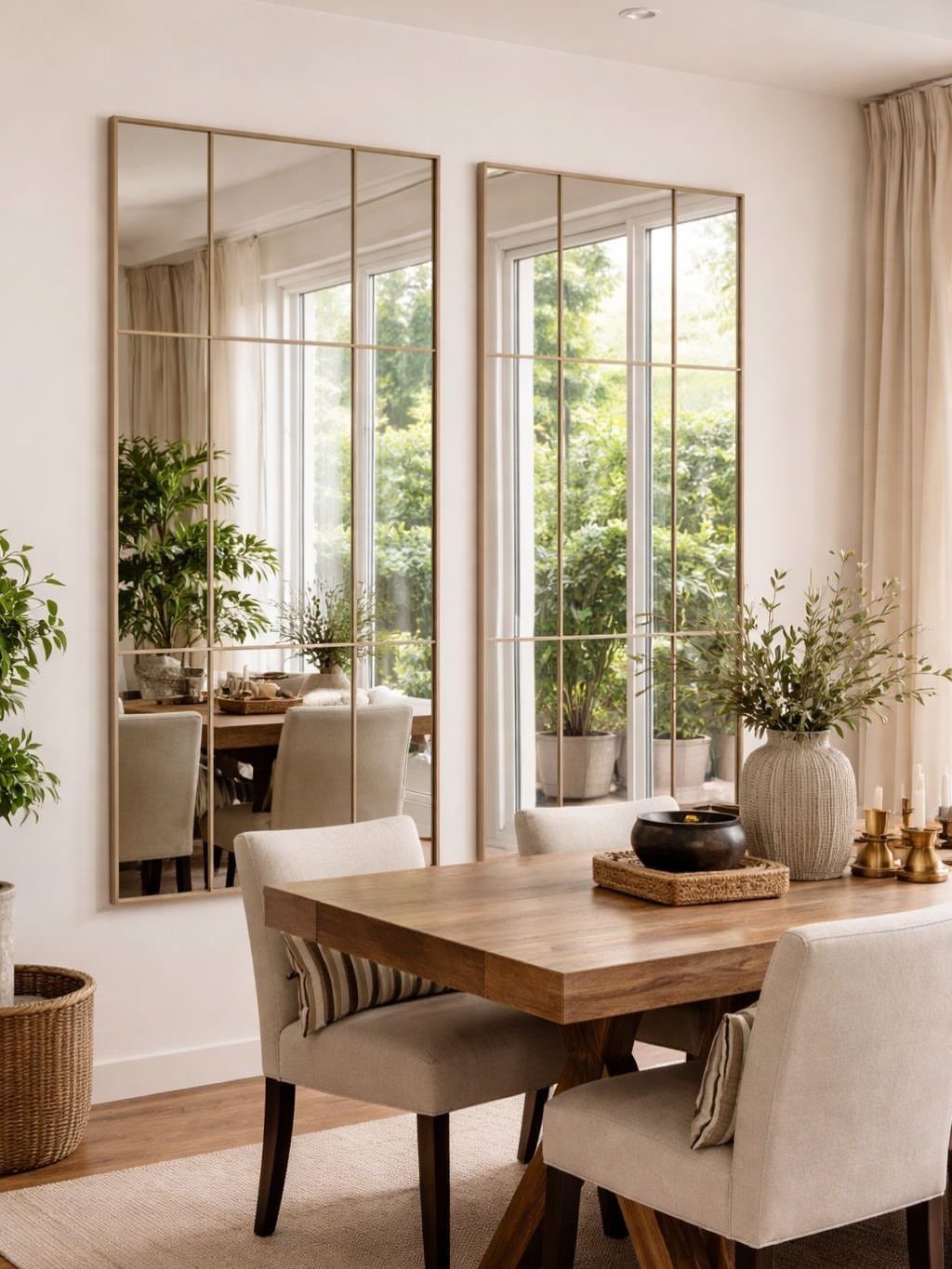 Two large gold-framed window-pane mirrors reflecting a bright, modern dining room setup.