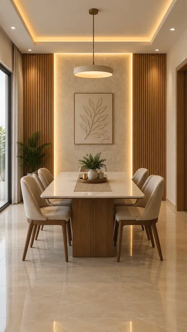 Modern dining room with white table, beige upholstered chairs, and vertical wood paneling.