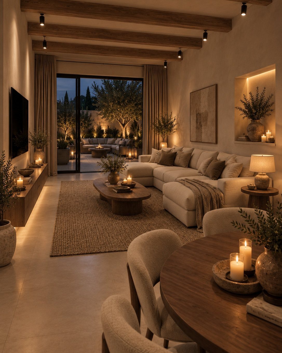 Open concept living and dining room with warm wood accents and cream furniture.
