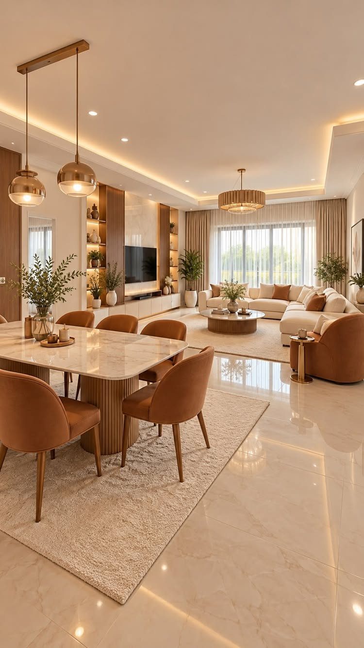 Open concept living and dining room with marble table and white sofa