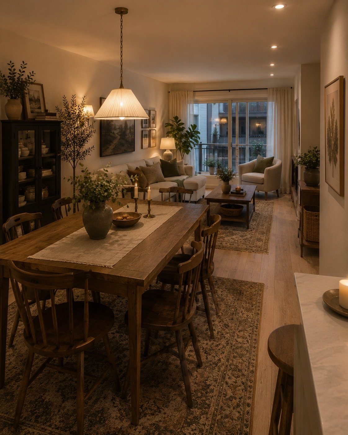 Wooden dining table and cream sofa each anchored by patterned area rugs.
