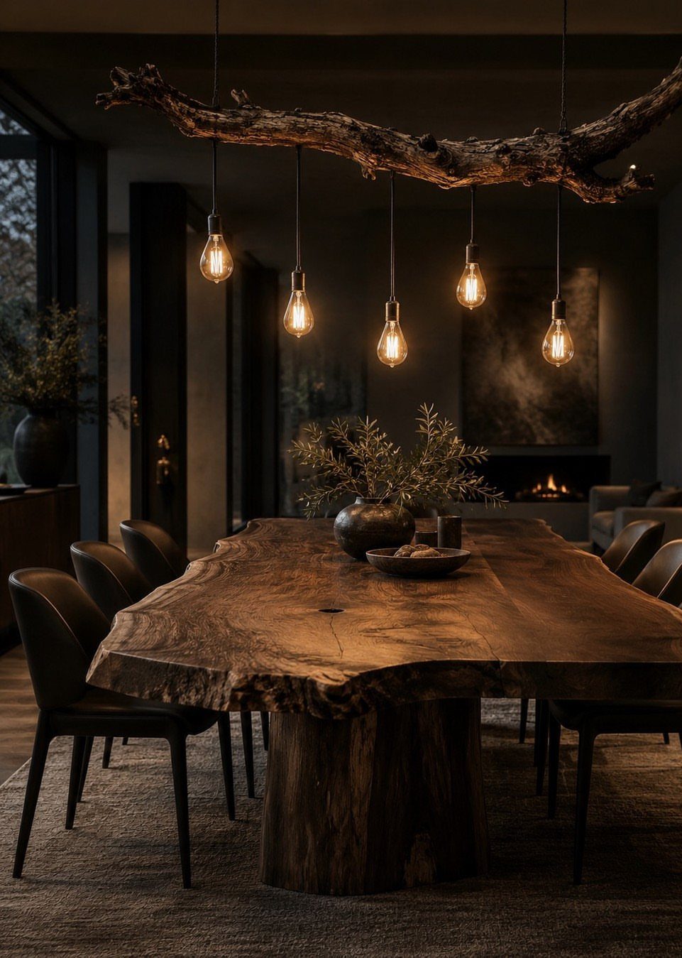 Live-edge wooden dining table with black chairs under a branch light fixture.