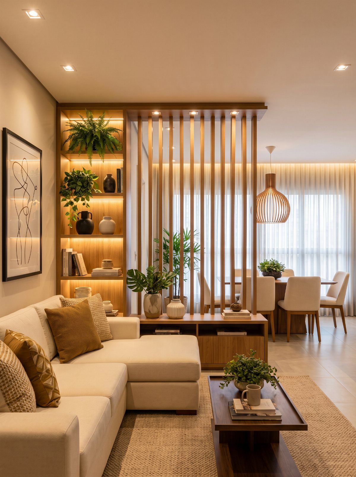 Cream sectional sofa and dining area separated by a wooden slat room divider.