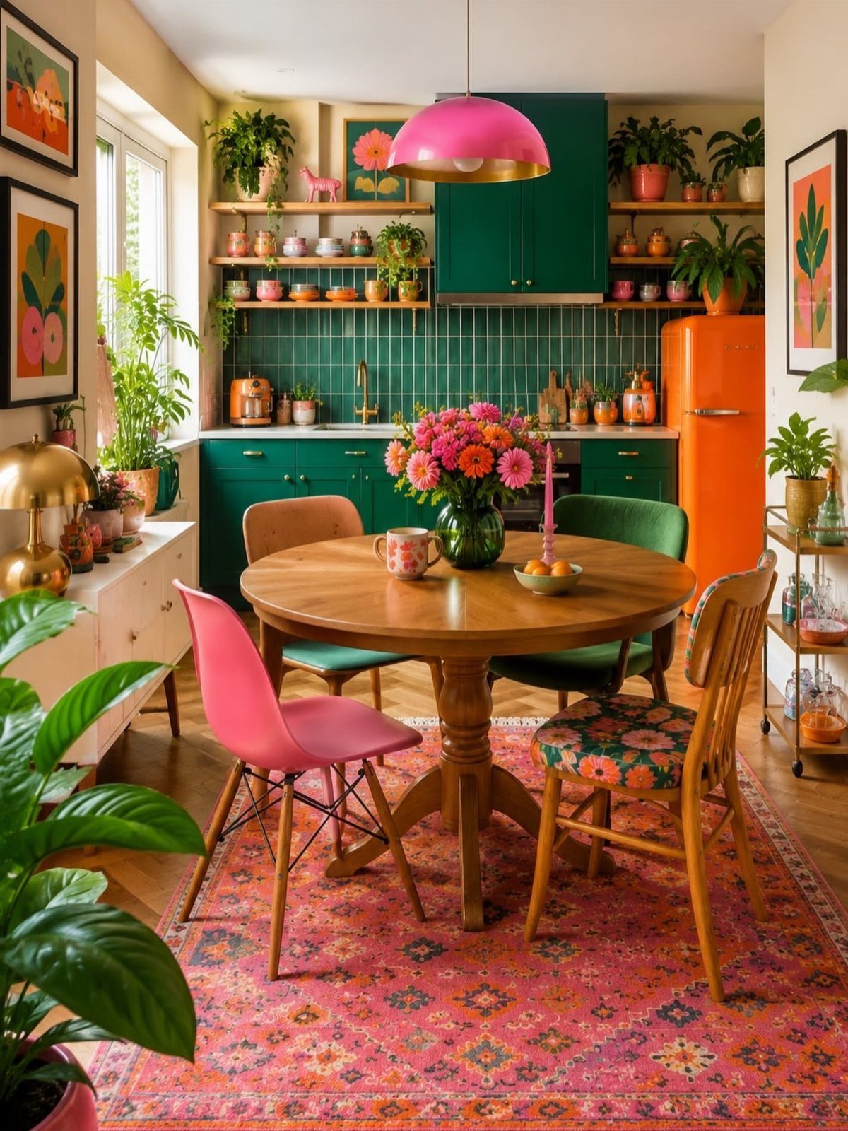 Round wooden dining table with colorful chairs and a pink patterned rug.