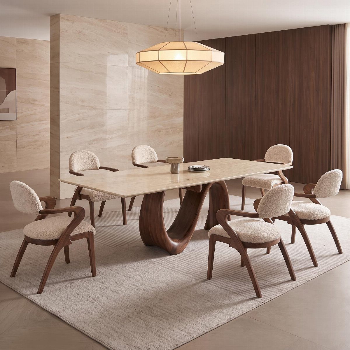Curved wooden dining table and chairs in a modern mid-century style dining room.