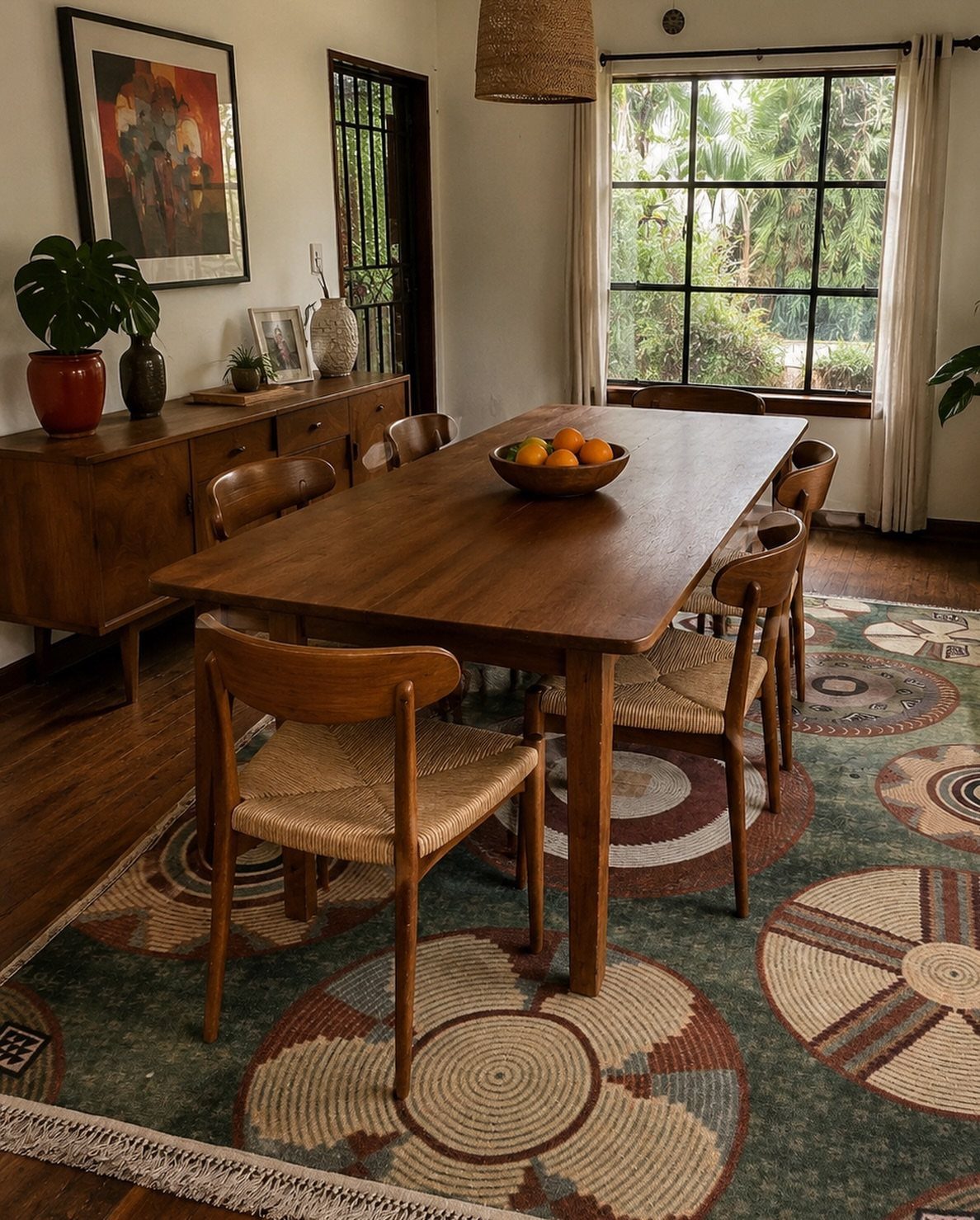 Wooden dining table and chairs on a green rug with circular geometric patterns.