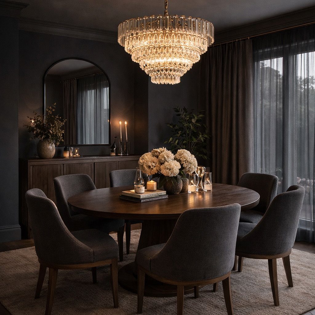 Dark charcoal dining room with walnut table, grey chairs, and crystal chandelier.
