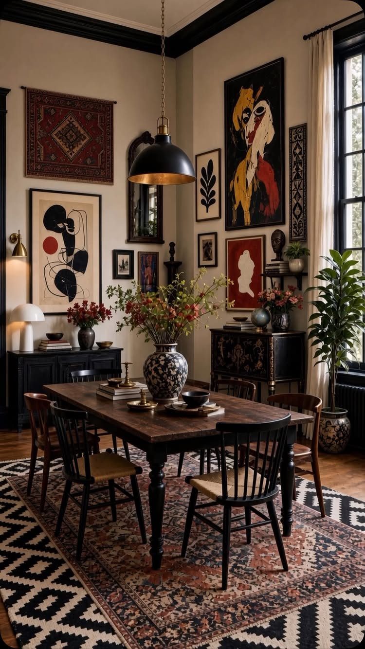 Dark wood dining set placed atop two layered patterned rugs in an eclectic room.