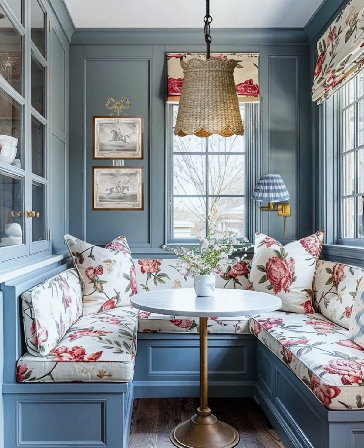 White tulip table in a blue breakfast nook with floral cushions and built-in seating.
