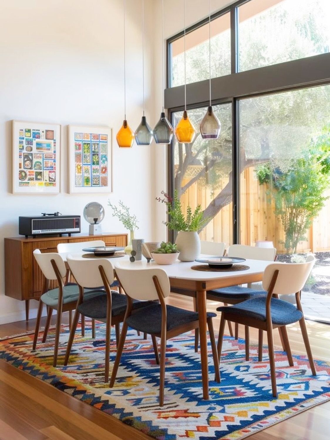 Mid-century modern dining set with a colorful geometric rug and pendant lighting.
