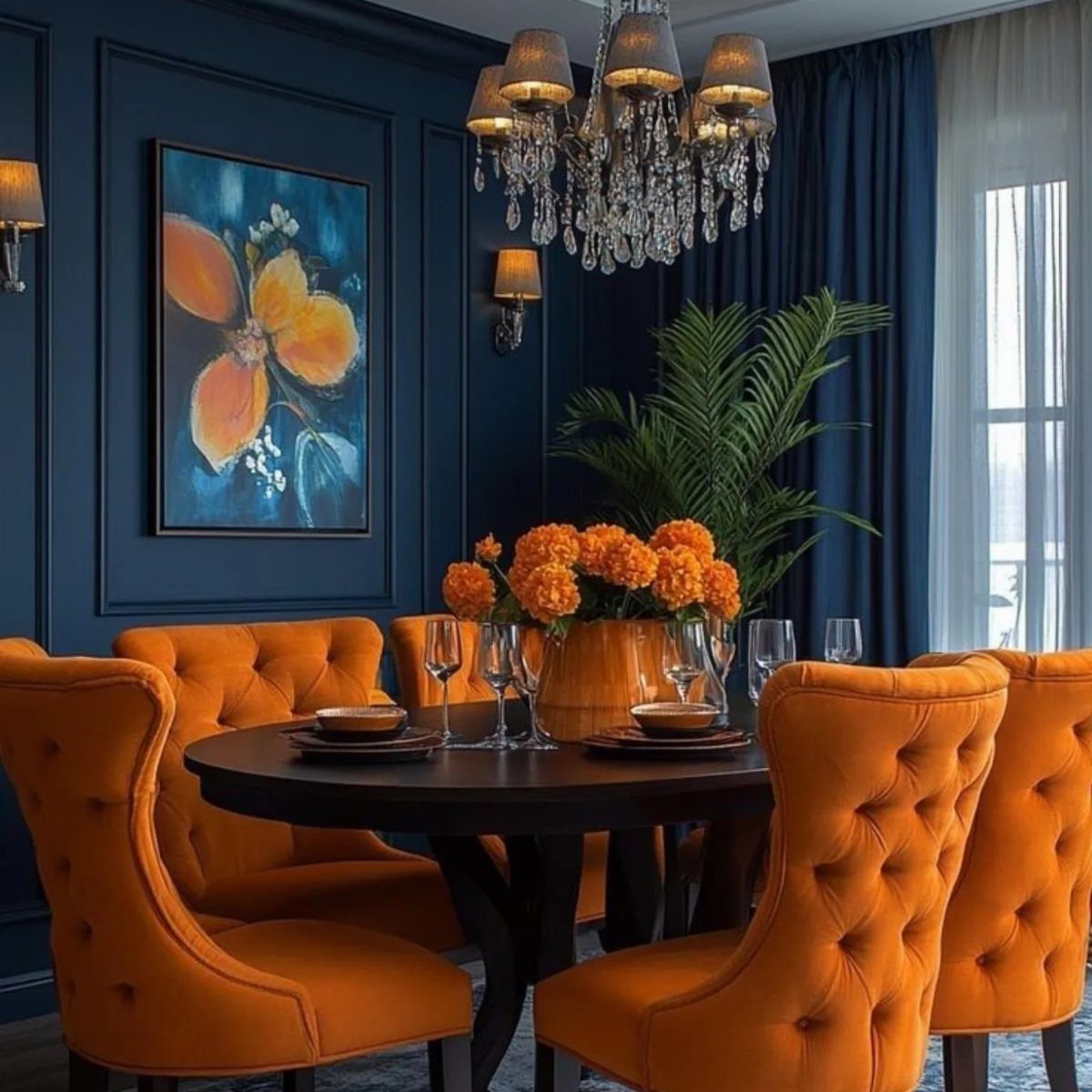 Bright orange tufted velvet chairs around a black round dining table in blue room