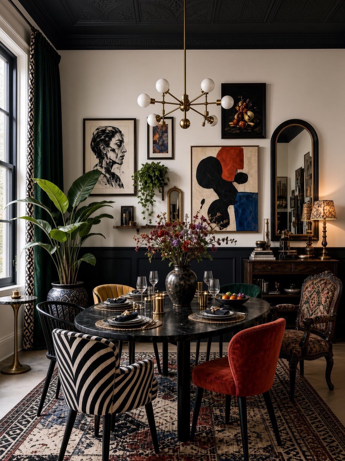 Eclectic dining room with mismatched chairs around a black oval table and gallery wall.