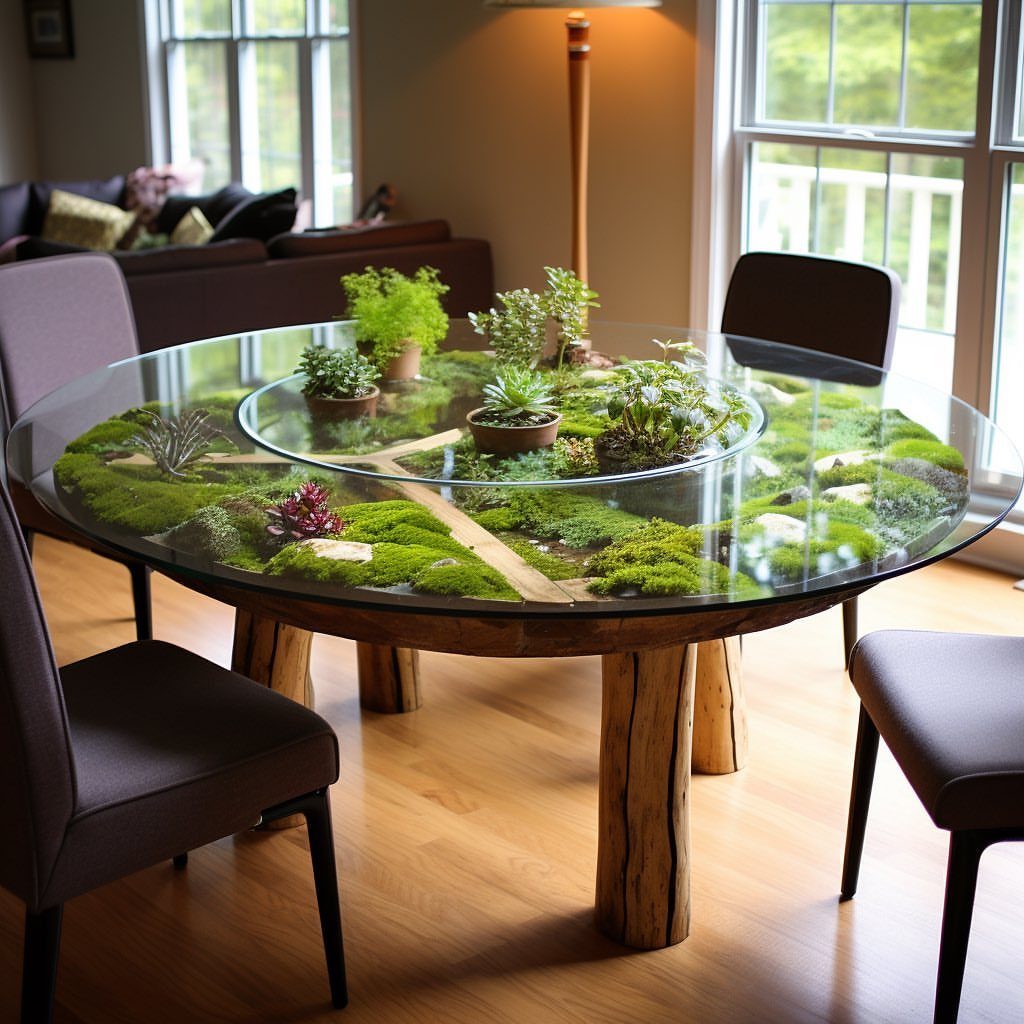 Round glass dining table with a built-in moss and plant terrarium centerpiece.