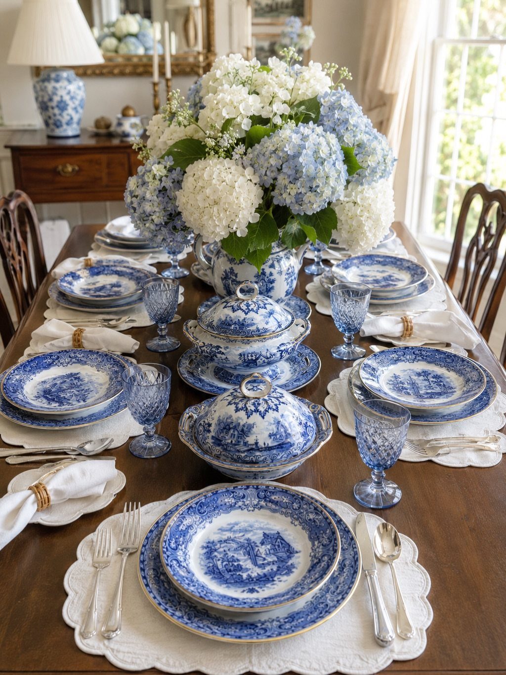 Blue and white ceramic table setting with a large hydrangea floral centerpiece.