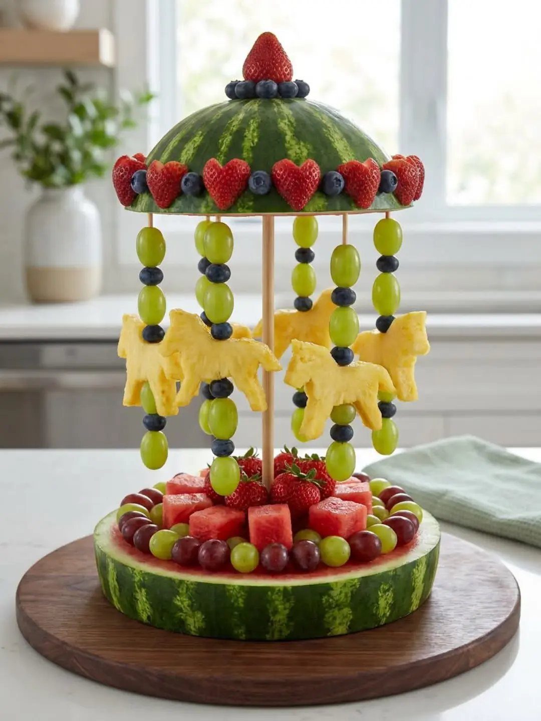 Fruit carousel centerpiece made of watermelon, grapes, and cheese on a wooden board.