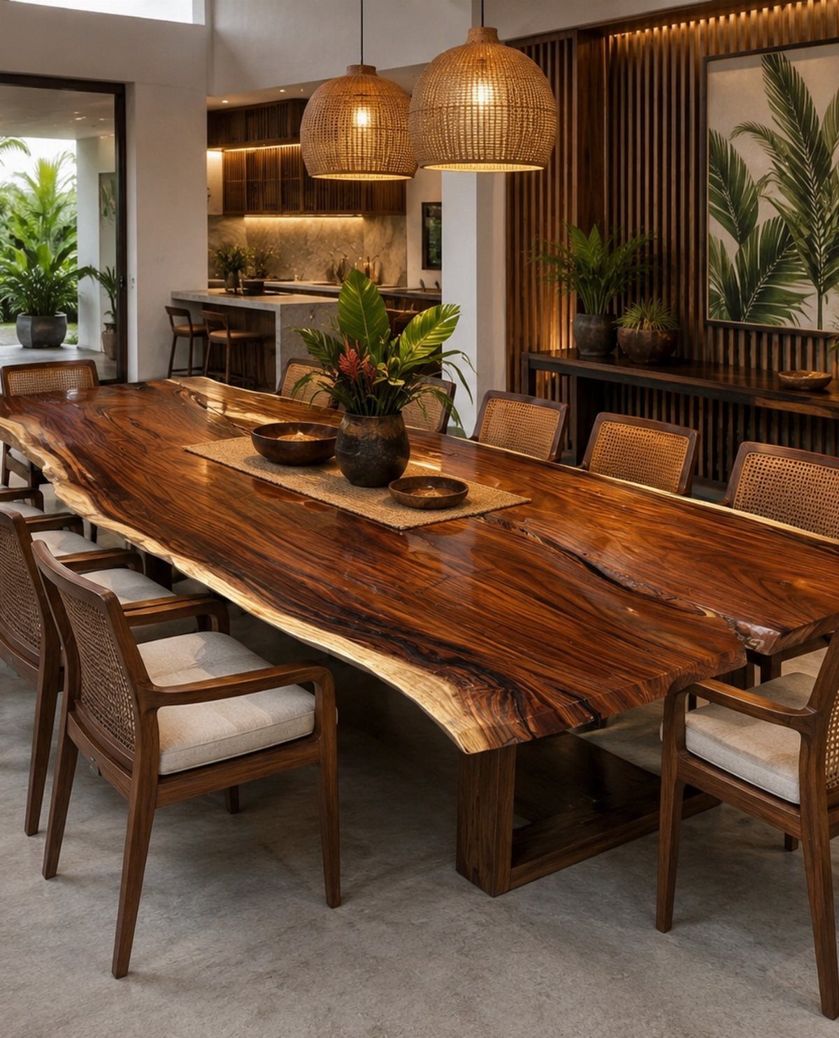 Long live-edge wooden dining table with matching chairs in a modern interior.