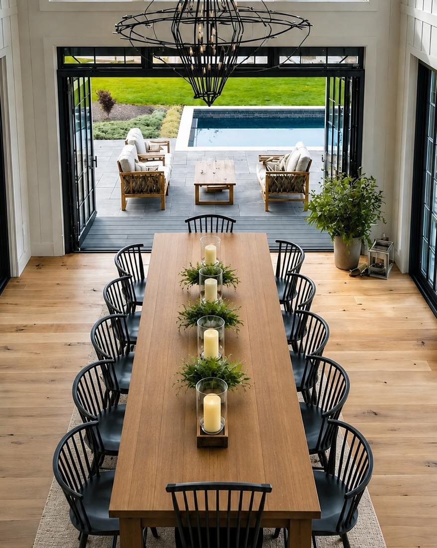 Long wooden dining table with twelve black chairs and candle centerpieces in a bright room.