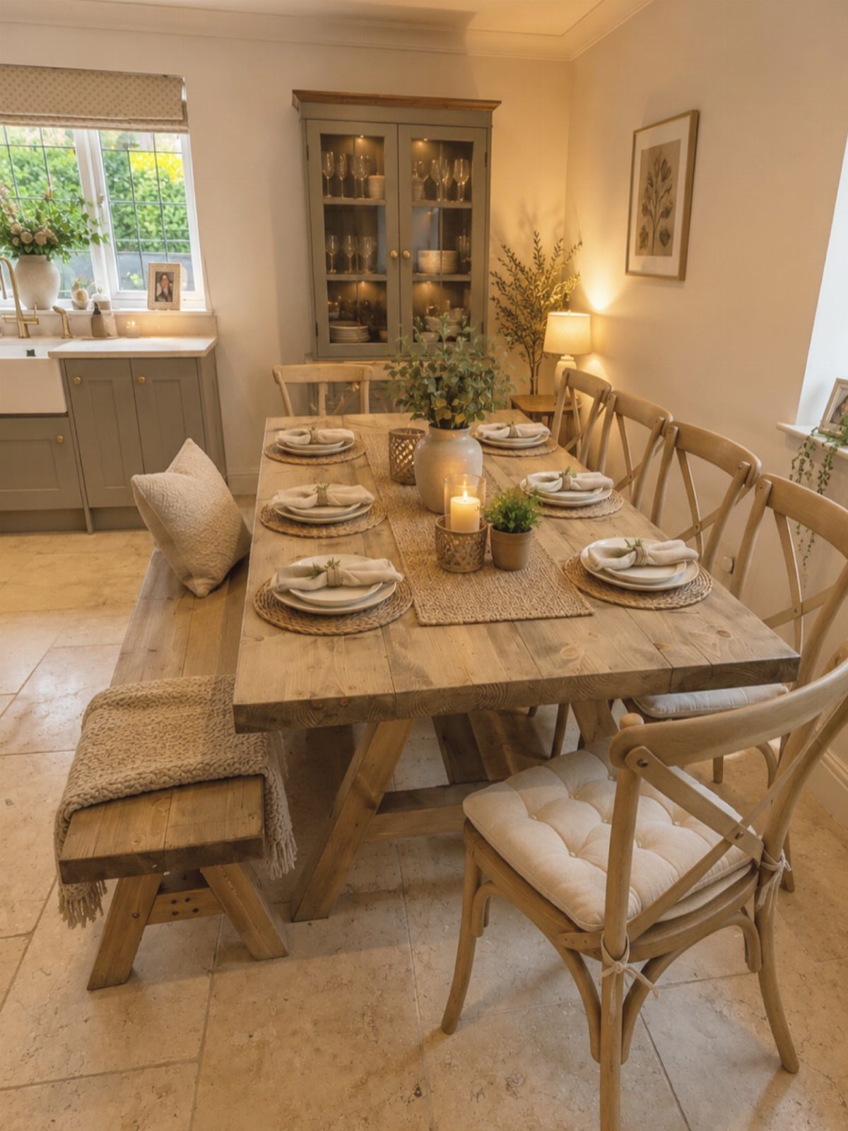 Wooden dining table with cushioned chairs and a bench in a rustic room.