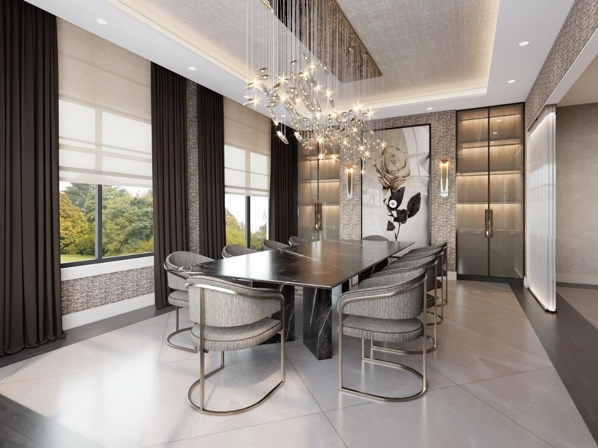 Modern dining room with a dark stone table, grey chairs, and crystal chandelier.