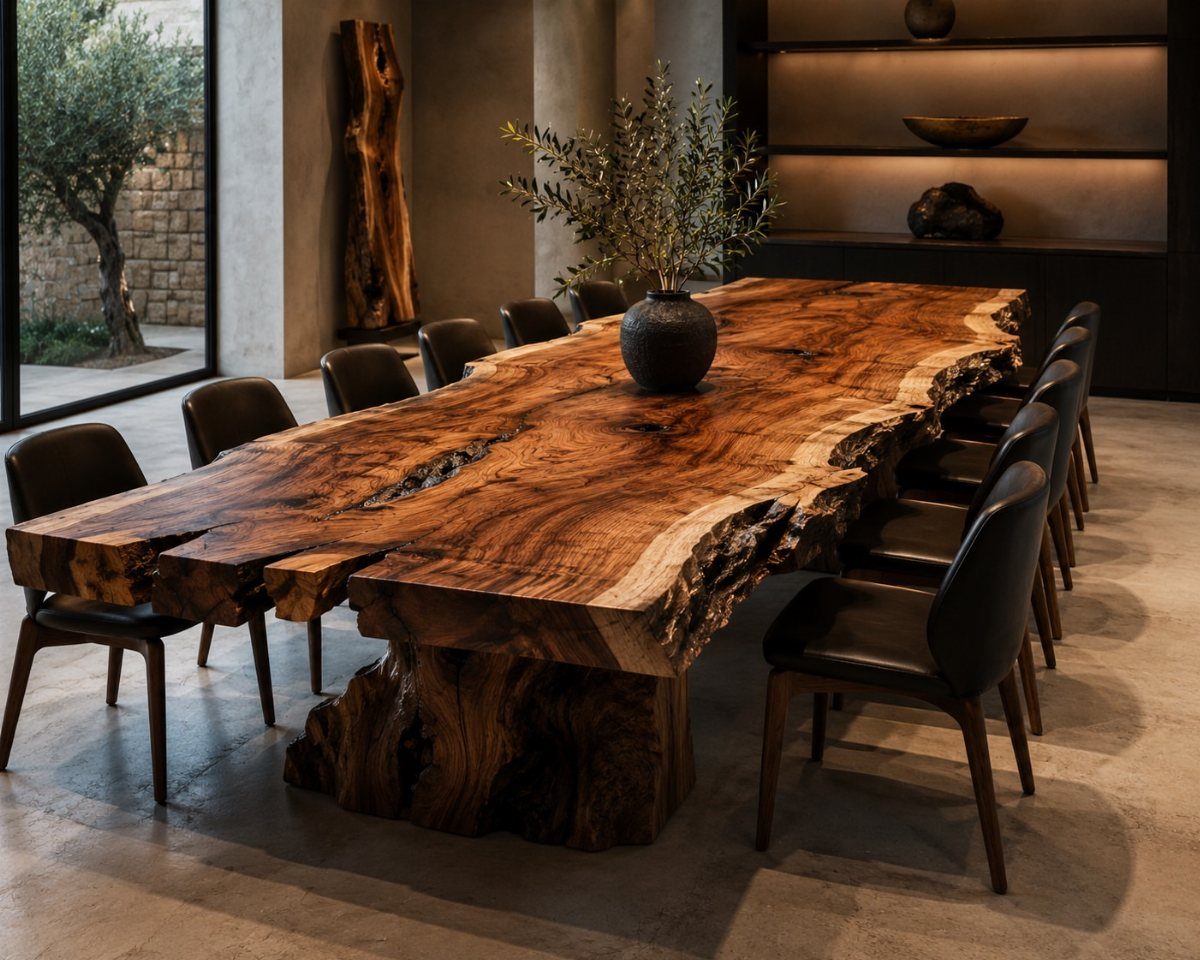 Live-edge rectangular wooden dining table with black leather chairs in modern interior