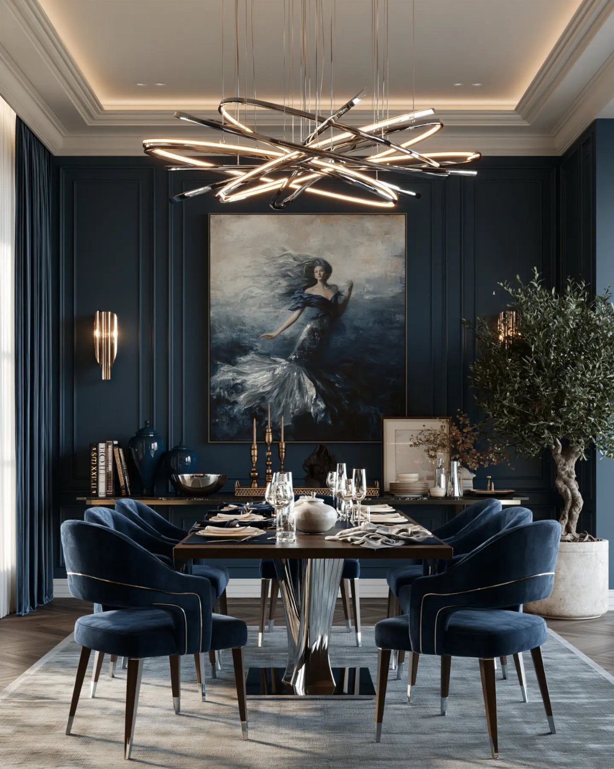 Charcoal gray paneled dining room walls with blue velvet chairs and modern lighting.