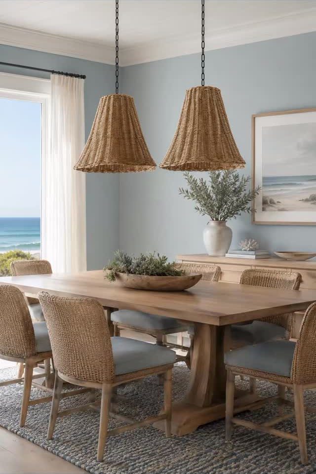 Light blue dining room walls with wooden furniture and woven pendant lighting.