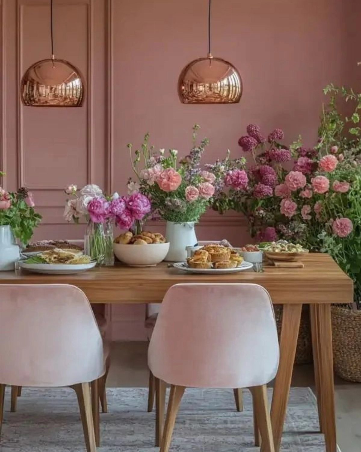 Dusty rose pink dining room walls with a wooden table and floral arrangements.