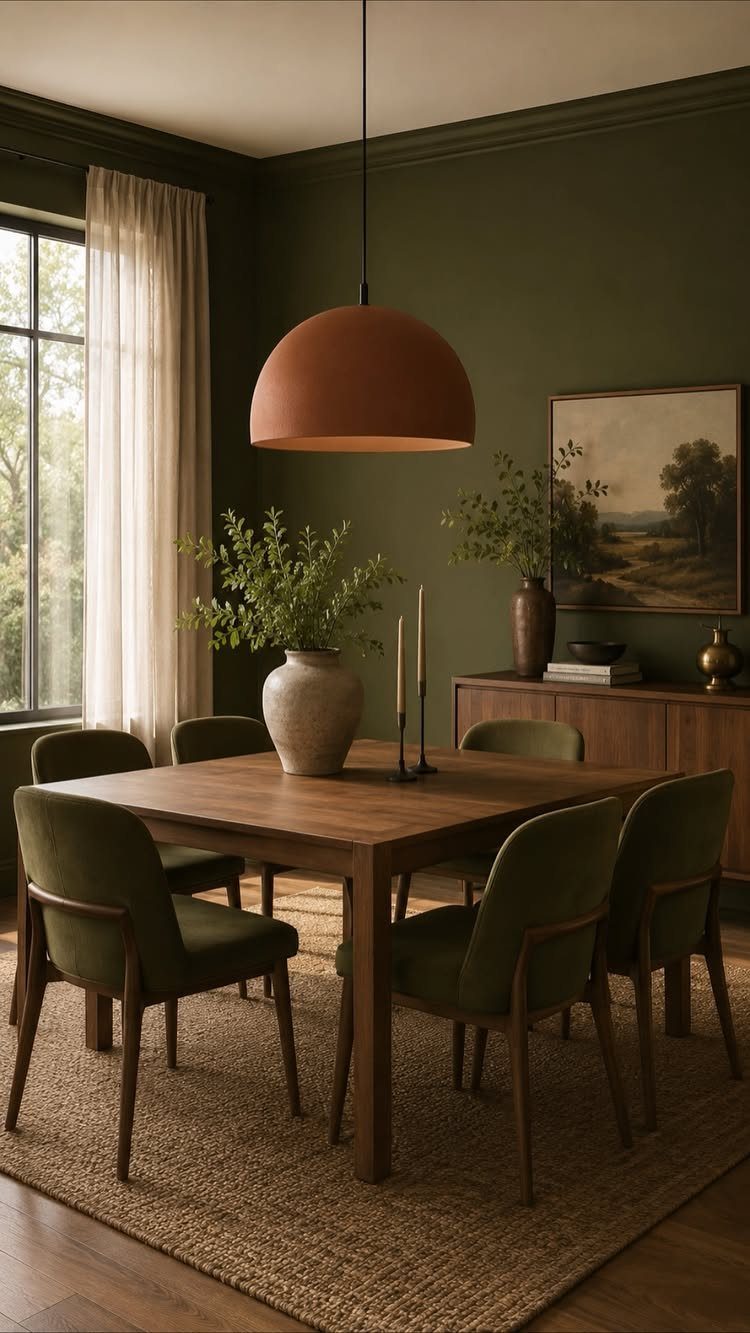 Muted green dining room walls with a wooden table and terracotta pendant light.