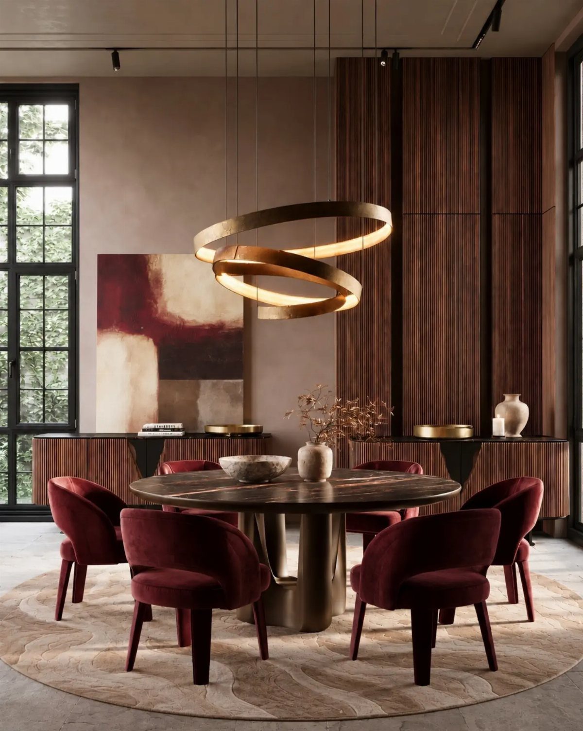 Modern dining room with deep red velvet chairs and a gold ring chandelier.