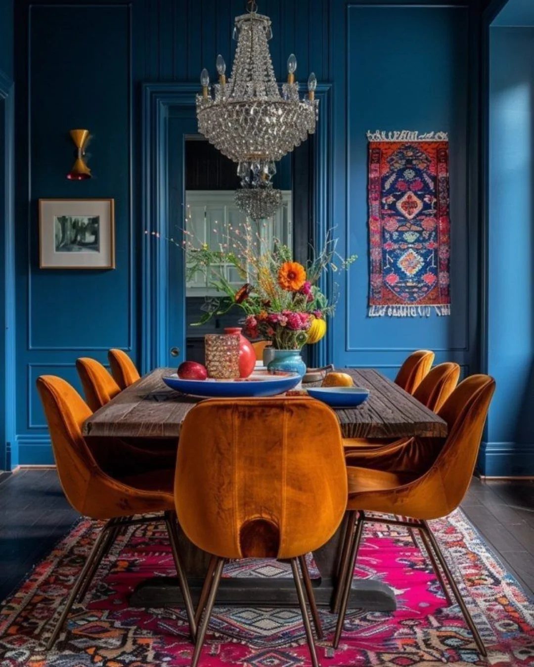 Vibrant blue paneled dining room walls with orange velvet chairs and crystal chandelier.